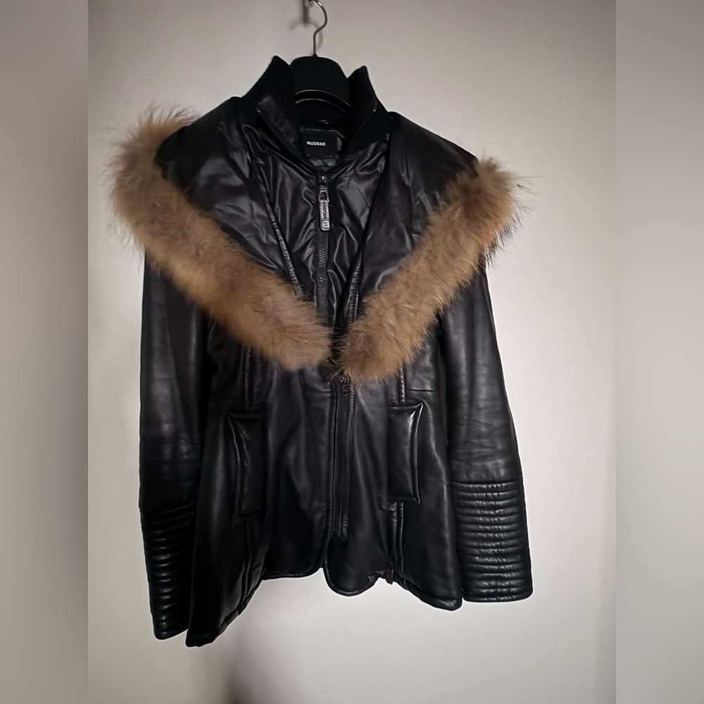 Rudsak ALL in Black Leather Jacket with Brown Fur Trim